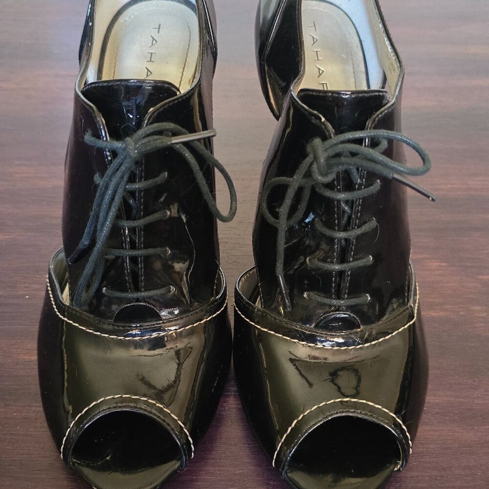 Tahari "La - Cheri" Style Black Lace Up Stilettos Patent Leather Size 8.5 M